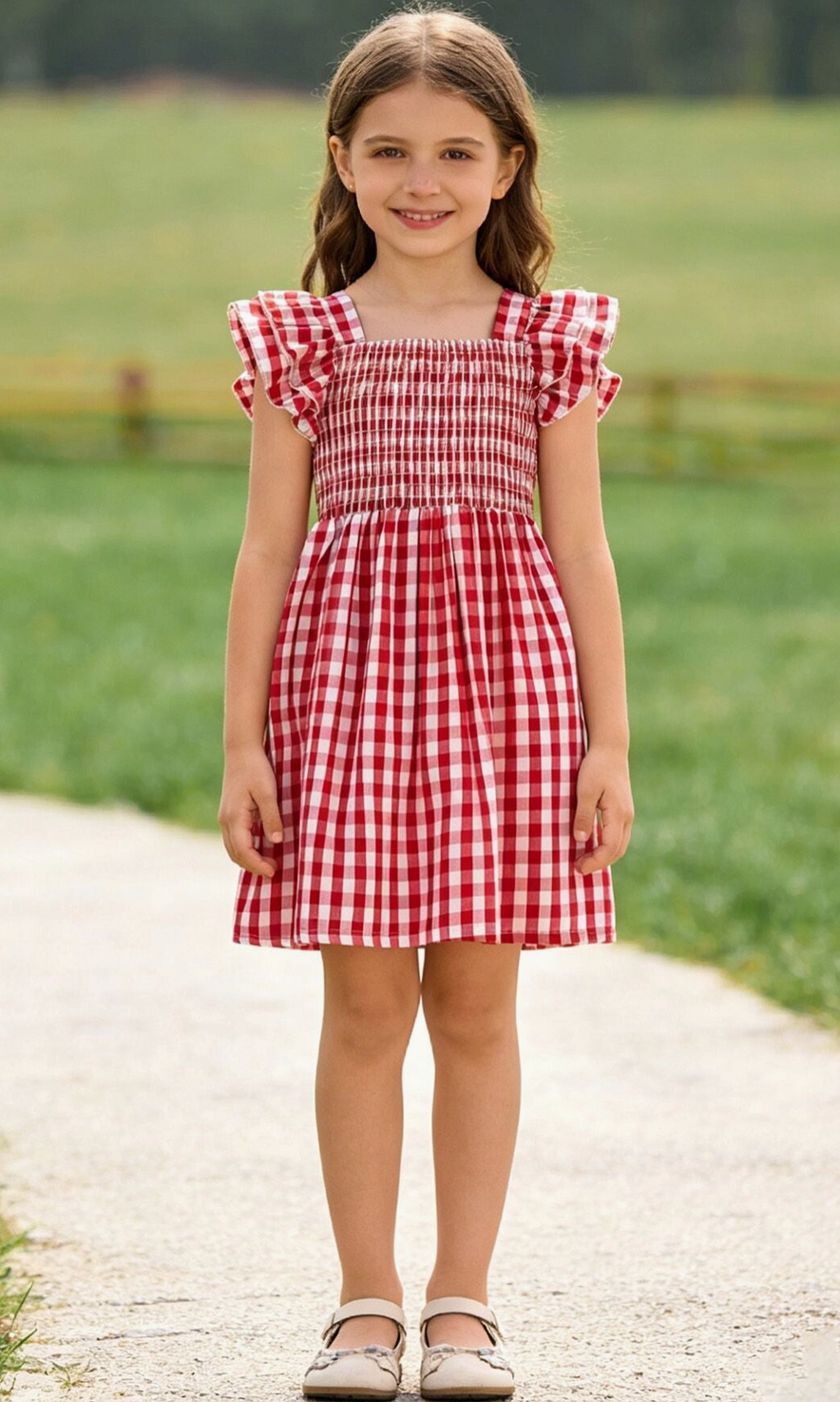 Summer Plaid Smocked Ruffle Girl Dress Sibling Outfits
