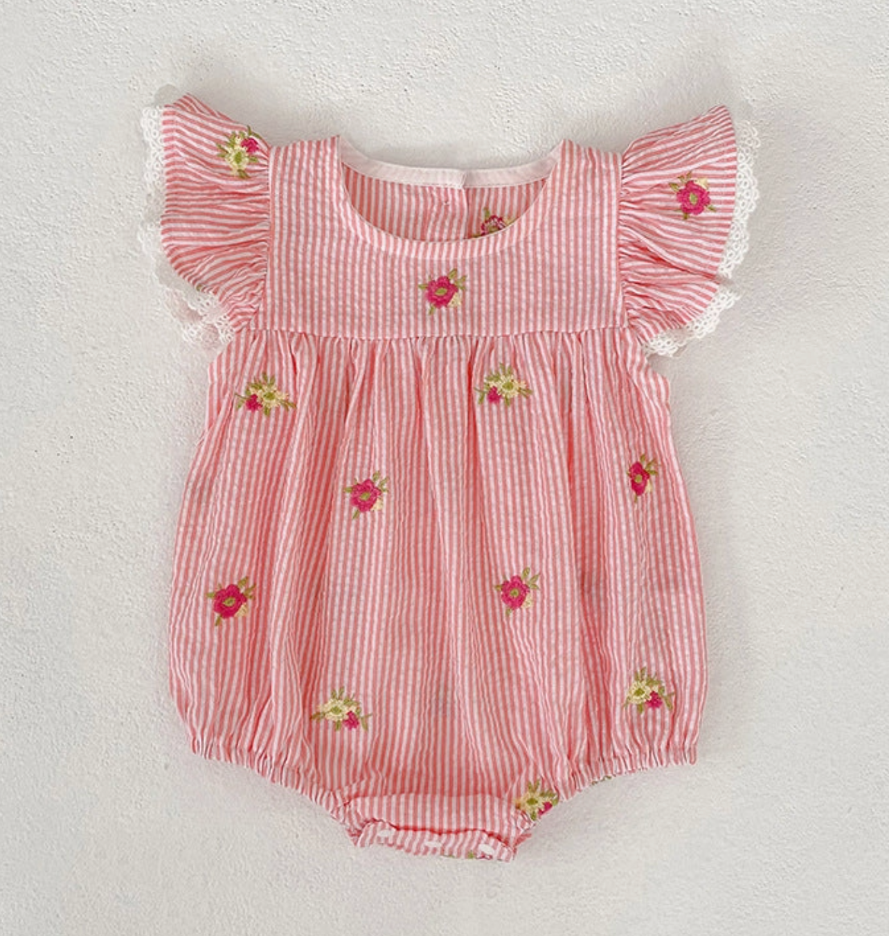 Stripe Floral Embroidery Girls Romper Ruffle Sleeve